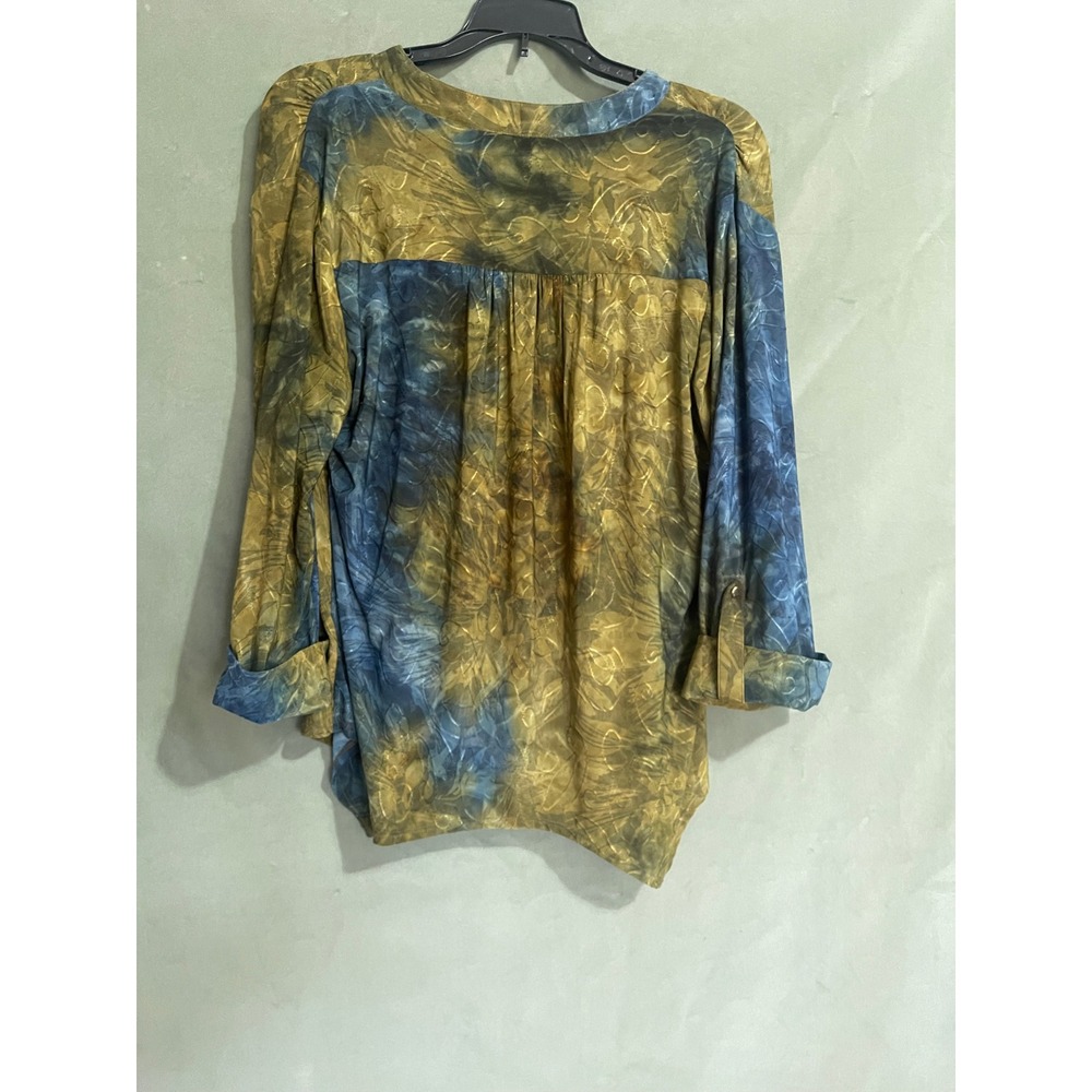 New Directions Petite Blue Olive Green Tie Dye Pintuck Henley Blouse PL - Picture 5 of 5